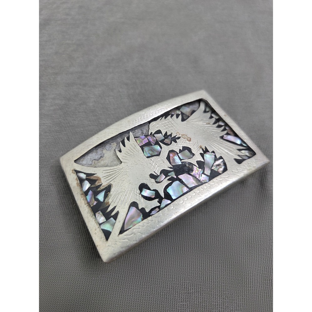 Vintage Abalone Inlay Hawk Belt Buckle Alpaca Mexico Southwestern